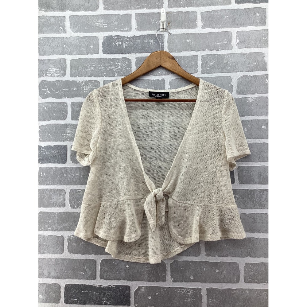 Perceptions New York Cream Knit Tie Front Peplum Shrug Cardigan Large Short Slv
